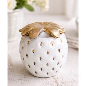 Vintage Strawberry Jam Jar White Porcelain Gold Lid Cottagecore Decor 1940s